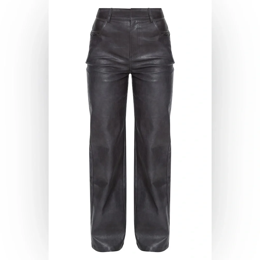 Pretty Little Thing Washed Black Faux Leather Straight Leg Trousers US 10 New - Picture 7 of 11